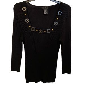 Women’s Sweater Top Knit Black Long Sleeves size Medium Ribbed Embellished